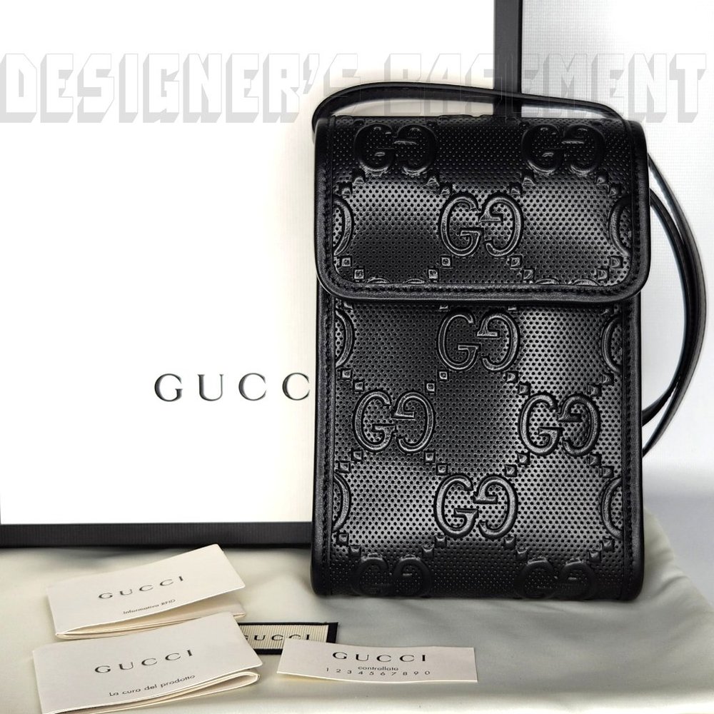 GUCCI black GG TENNIS smooth Perforated GUCCISSIMA Leather CrossBody PHONE bag🎁